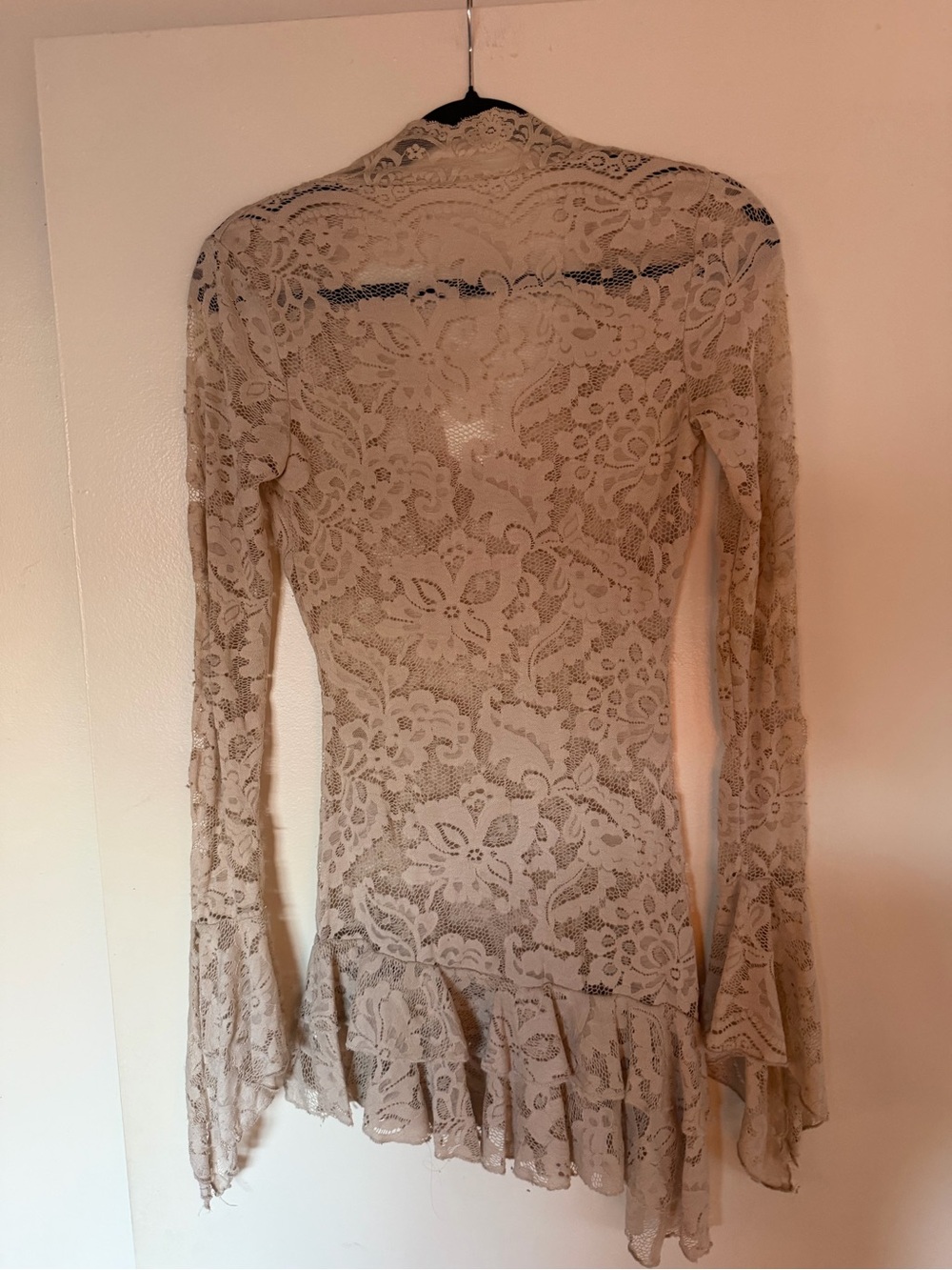 Lace V-Neck Long Sleeve Dress in Beige - Picture 2 of 3